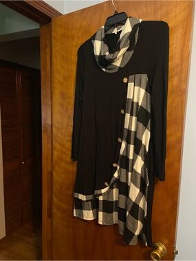 Celeste Black and Cream Plaid Long Sleeve Dress